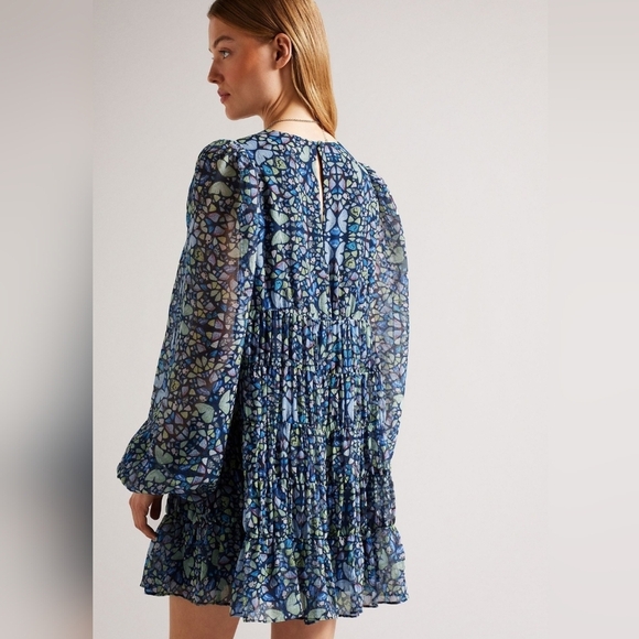 Ted Baker Tiered Swing Mini Dress Butterfly Print Long Sleeve in Blue Size 8 - Picture 4 of 16